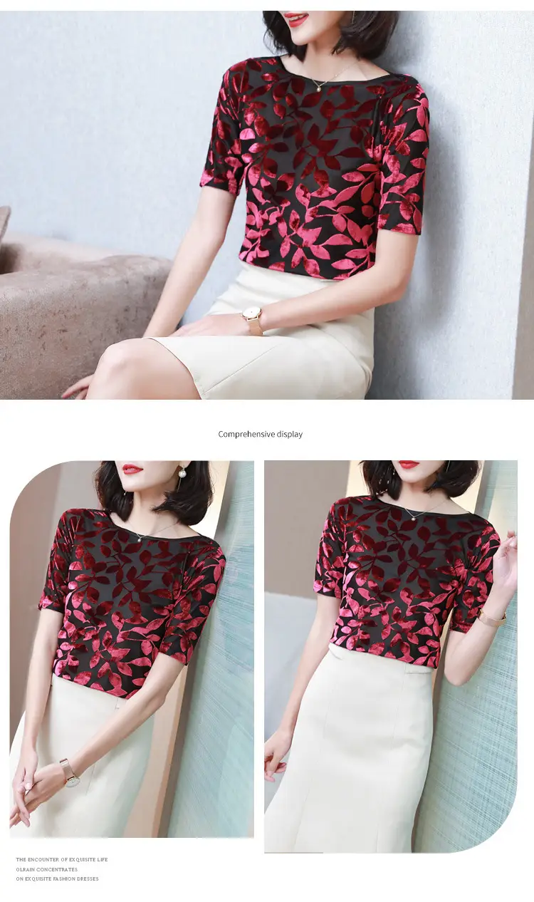 Women Black Leafy Flocked Mesh Top Mid Sleeve Spring Fall — feature 25