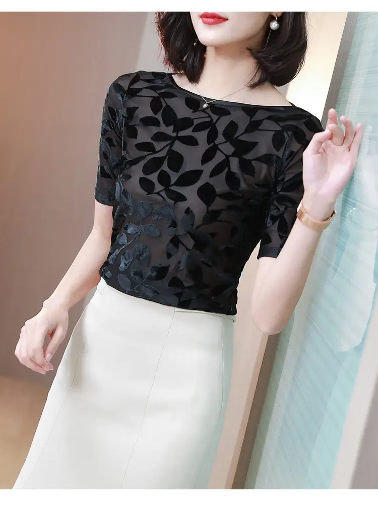 Women Black Leafy Flocked Mesh Top Mid Sleeve Spring Fall — feature 26