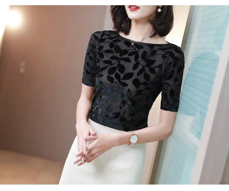 Women Black Leafy Flocked Mesh Top Mid Sleeve Spring Fall — feature 27