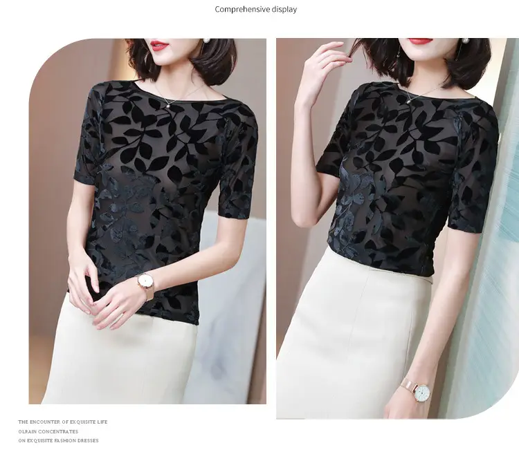 Women Black Leafy Flocked Mesh Top Mid Sleeve Spring Fall — feature 28
