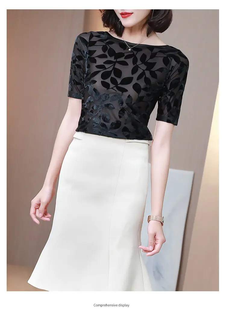 Women Black Leafy Flocked Mesh Top Mid Sleeve Spring Fall — feature 29