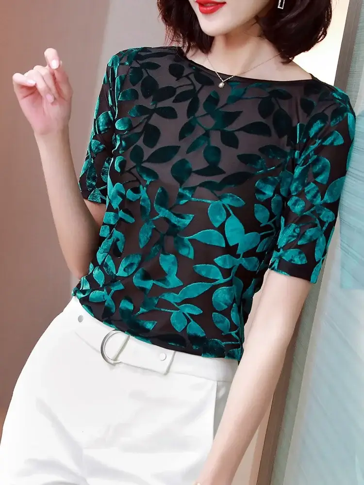 Women Black Leafy Flocked Mesh Top Mid Sleeve Spring Fall - Image 10