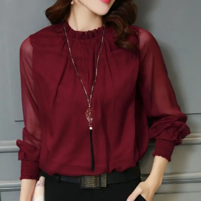 2023 Spring Lace Chiffon Plus Size Women's Ruffled Collar Shirt - Image 3