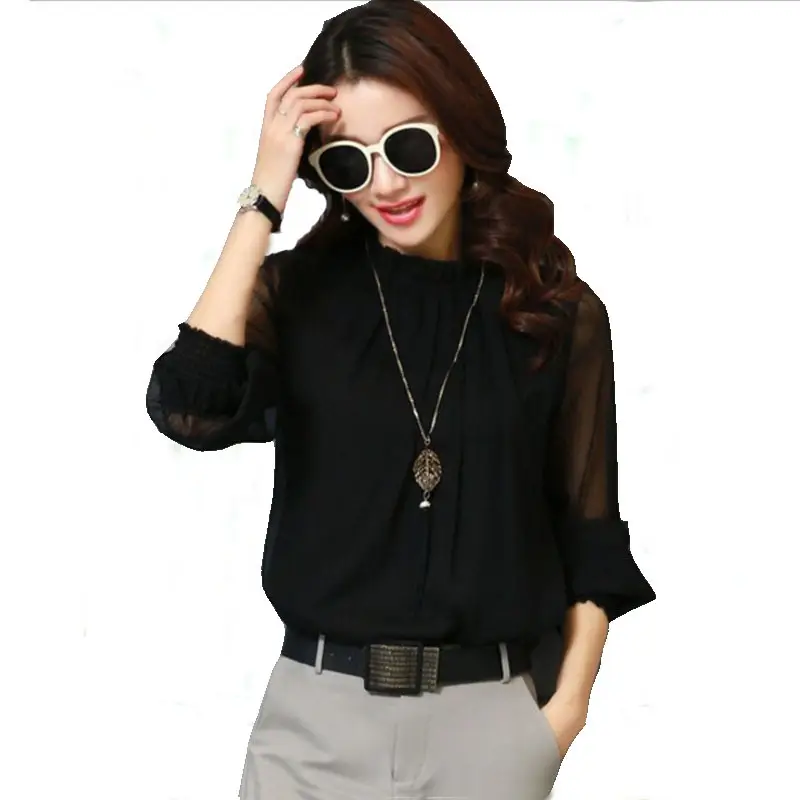 2023 Spring Lace Chiffon Plus Size Women's Ruffled Collar Shirt - Image 8