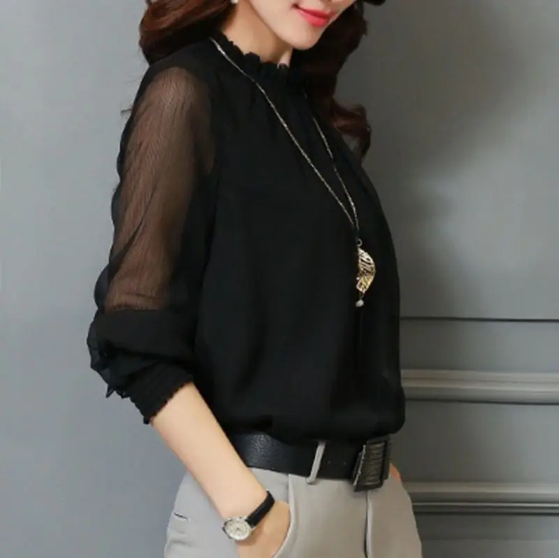 2023 Spring Lace Chiffon Plus Size Women's Ruffled Collar Shirt - Image 2