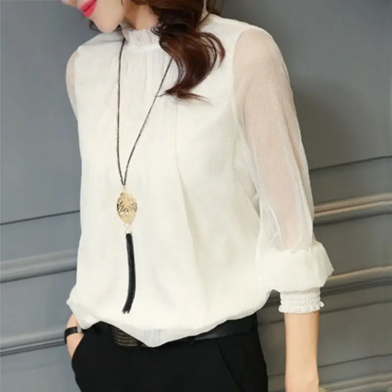 2023 Spring Lace Chiffon Plus Size Women's Ruffled Collar Shirt - Image 4