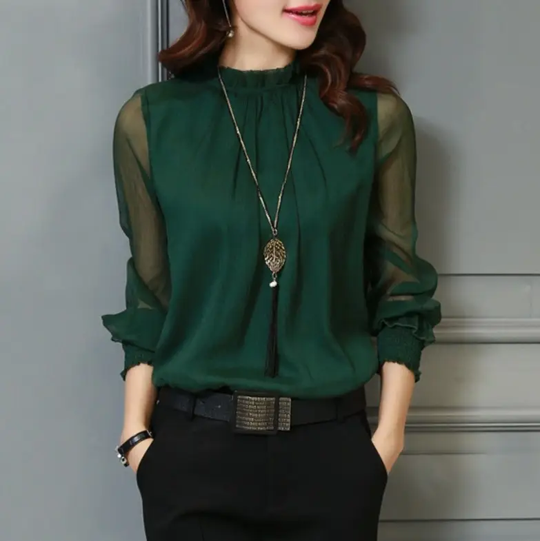 2023 Spring Lace Chiffon Plus Size Women's Ruffled Collar Shirt - Image 5