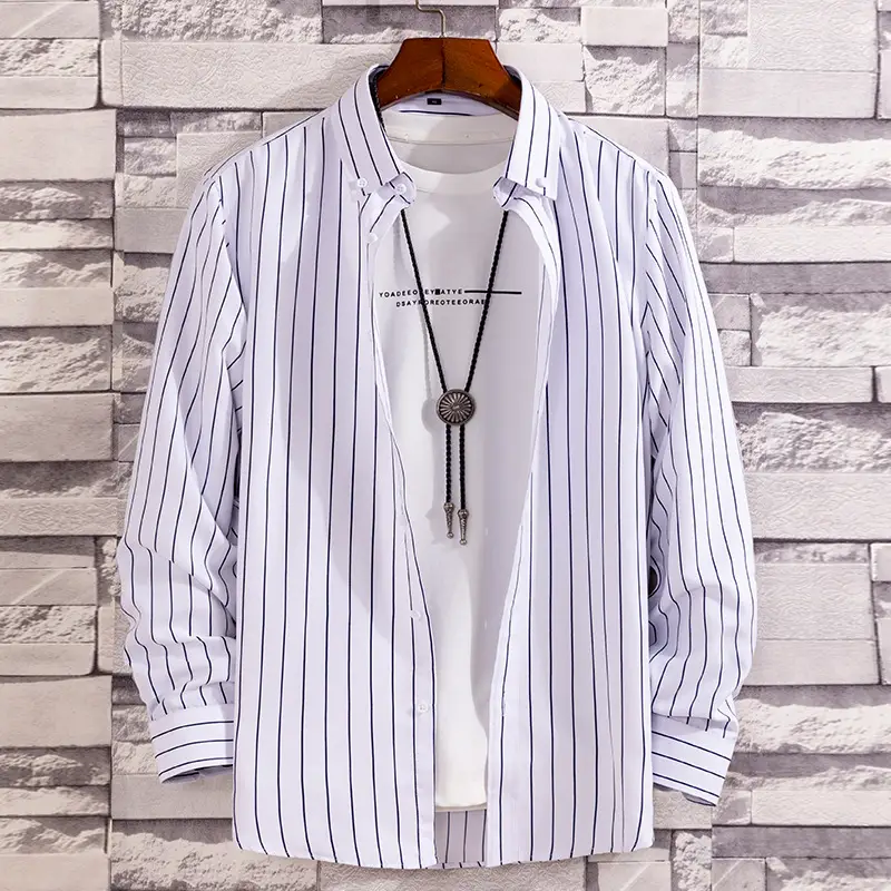 Men Navy Blue Striped Long Sleeve Shirt with Red Trim - Image 12
