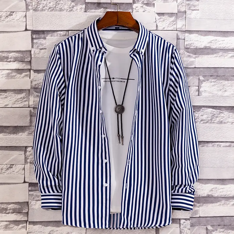 Men Navy Blue Striped Long Sleeve Shirt with Red Trim - Image 14