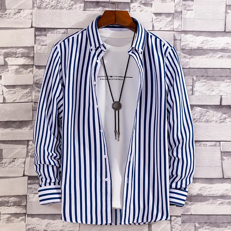 Men Navy Blue Striped Long Sleeve Shirt with Red Trim - Image 15