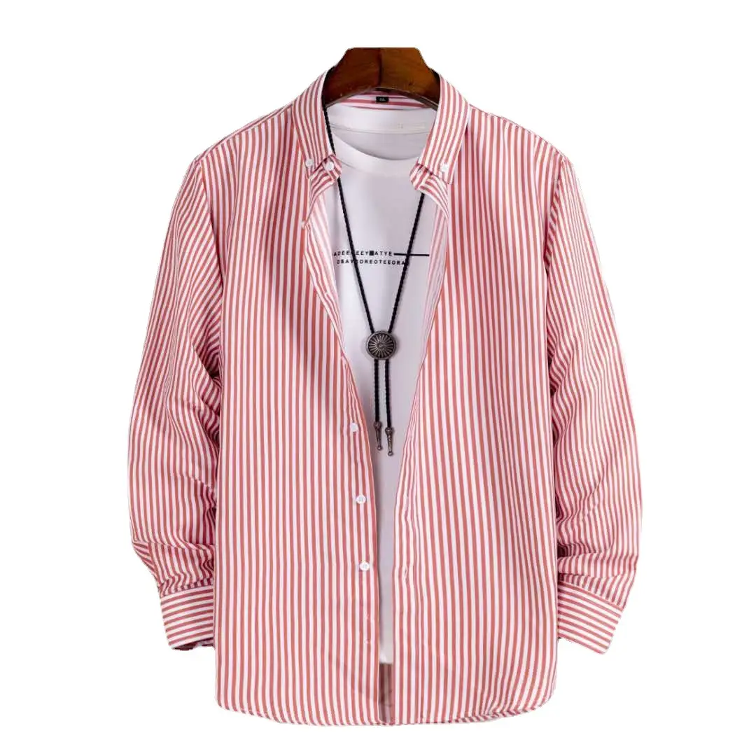 Men Navy Blue Striped Long Sleeve Shirt with Red Trim - Image 16