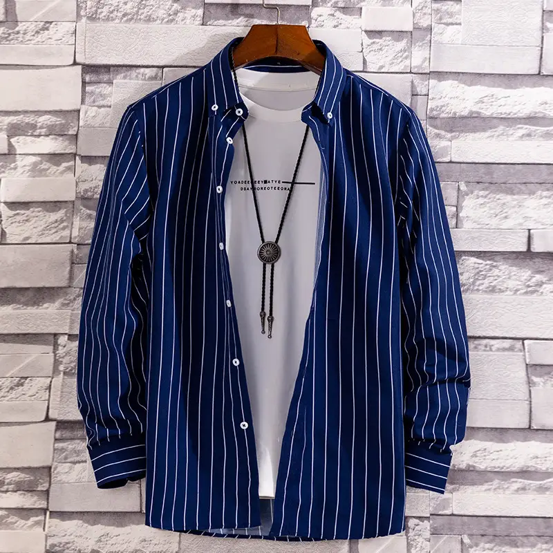 Men Navy Blue Striped Long Sleeve Shirt with Red Trim - Image 2