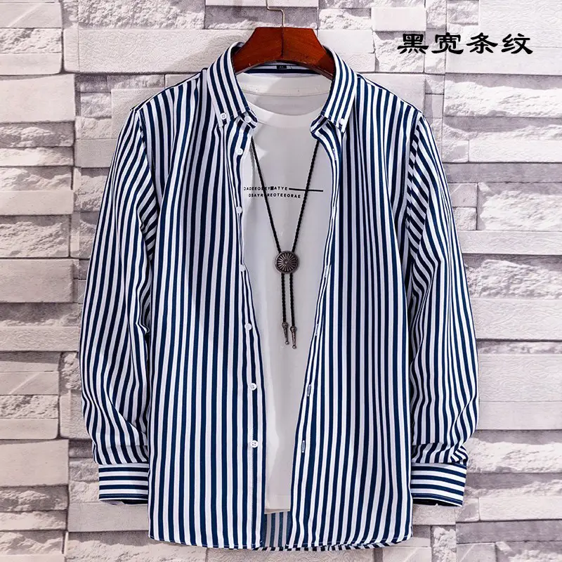 Men Navy Blue Striped Long Sleeve Shirt with Red Trim - Image 3