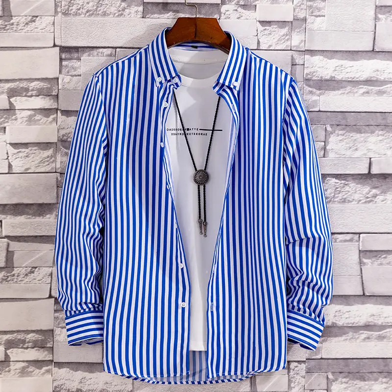 Men Navy Blue Striped Long Sleeve Shirt with Red Trim - Image 6