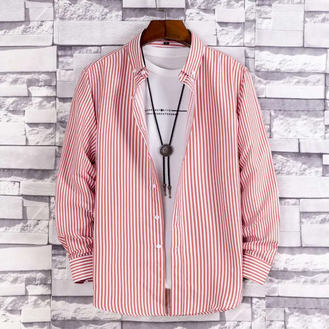 Men Navy Blue Striped Long Sleeve Shirt with Red Trim - Image 8
