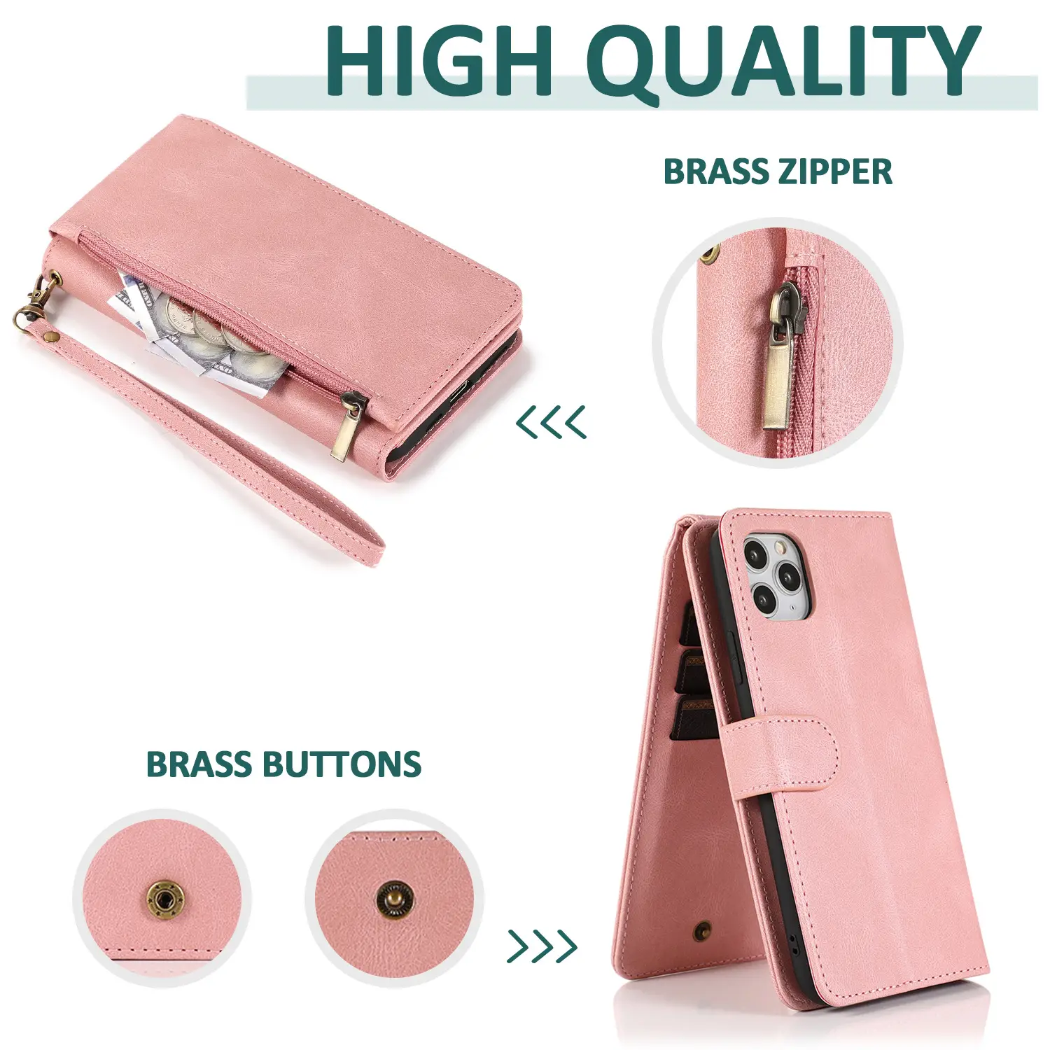Pink Leather Zipper Mobile Case for iPhone 12 - Image 8