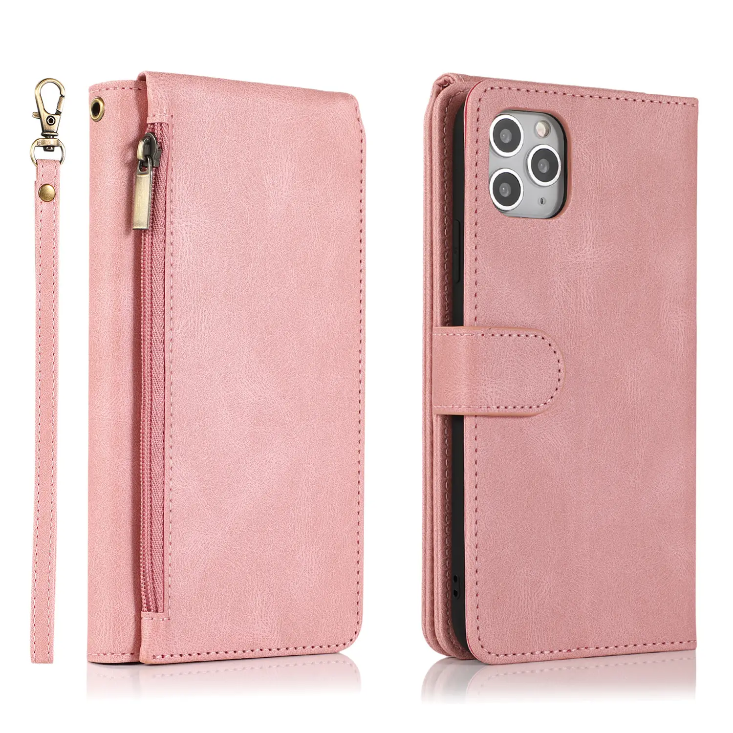 Pink Leather Zipper Mobile Case for iPhone 12 - Image 3