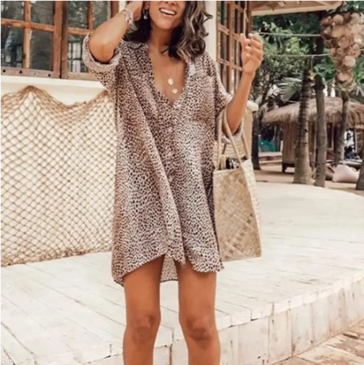 Women Leopard Print Long Sleeve Mini Skirt Shirt Mp-675