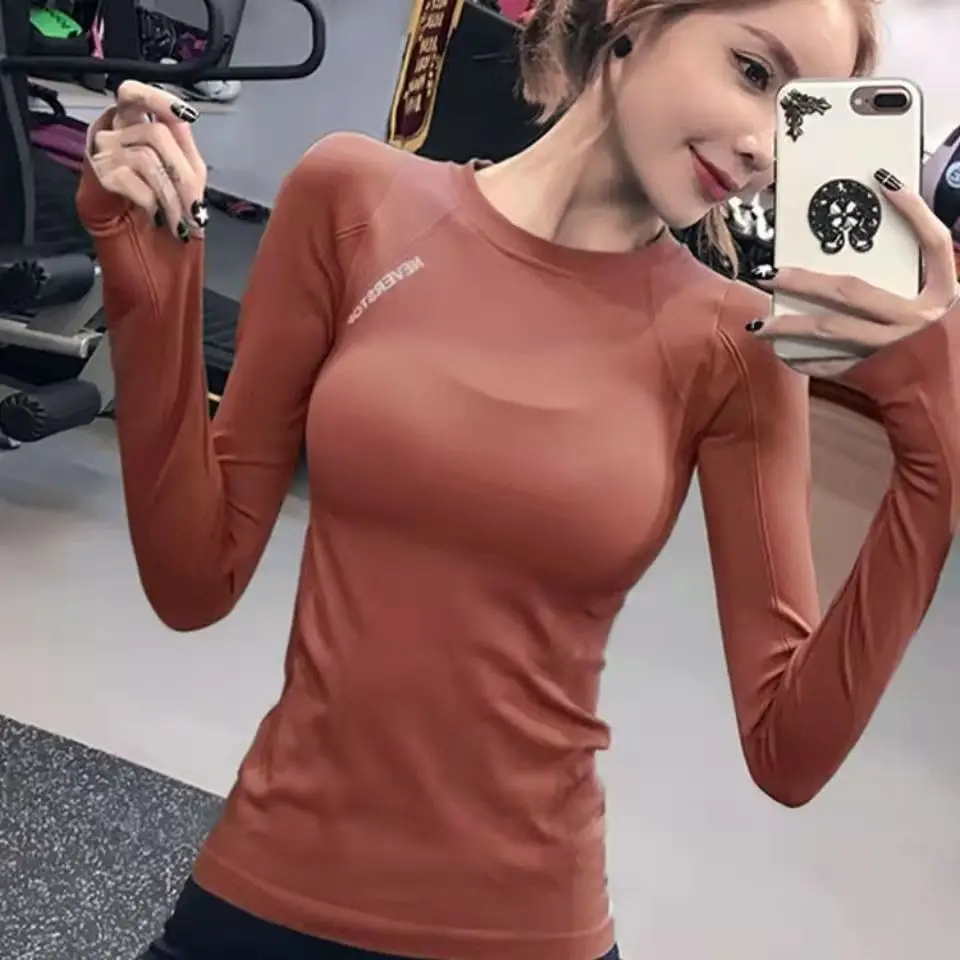 Women's Stretch Tight Yoga Top Long Sleeve Brown - Image 5