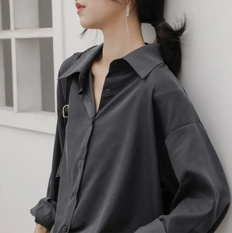 Grey Draped Shirt Women Loose Long Sleeve Lazy Spring Coat