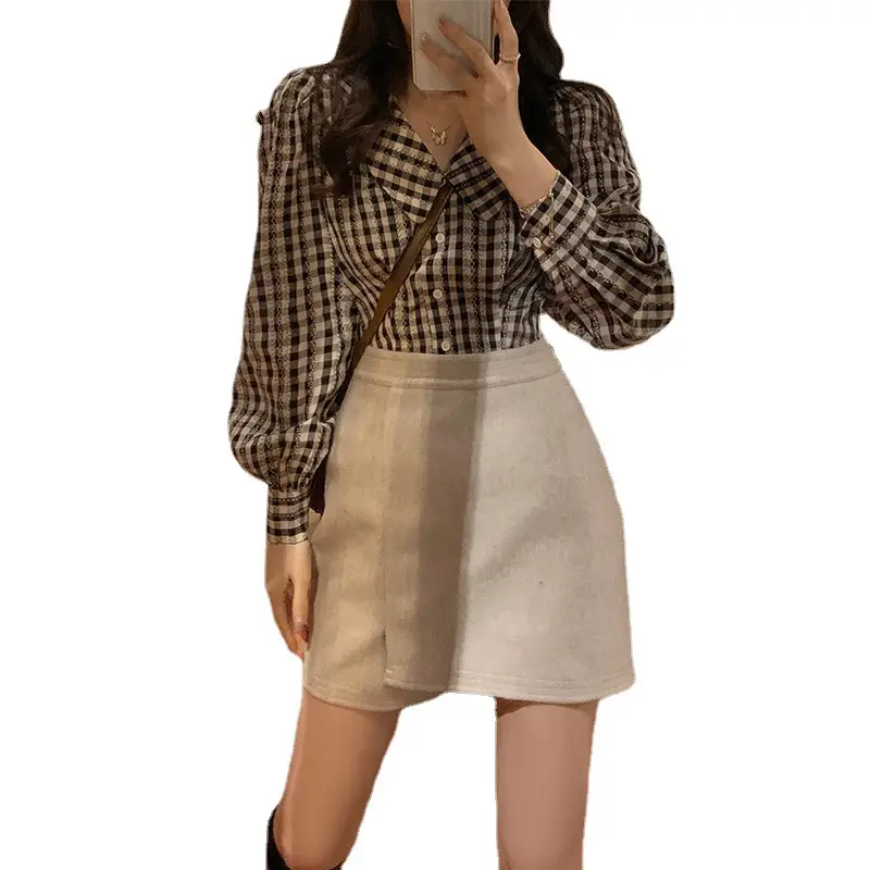 Women Plaid Shirt Lantern Sleeve Short Top Autumn Winter - Image 6