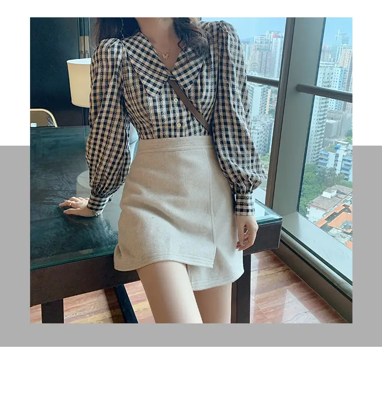 Women Plaid Shirt Lantern Sleeve Short Top Autumn Winter — feature 2