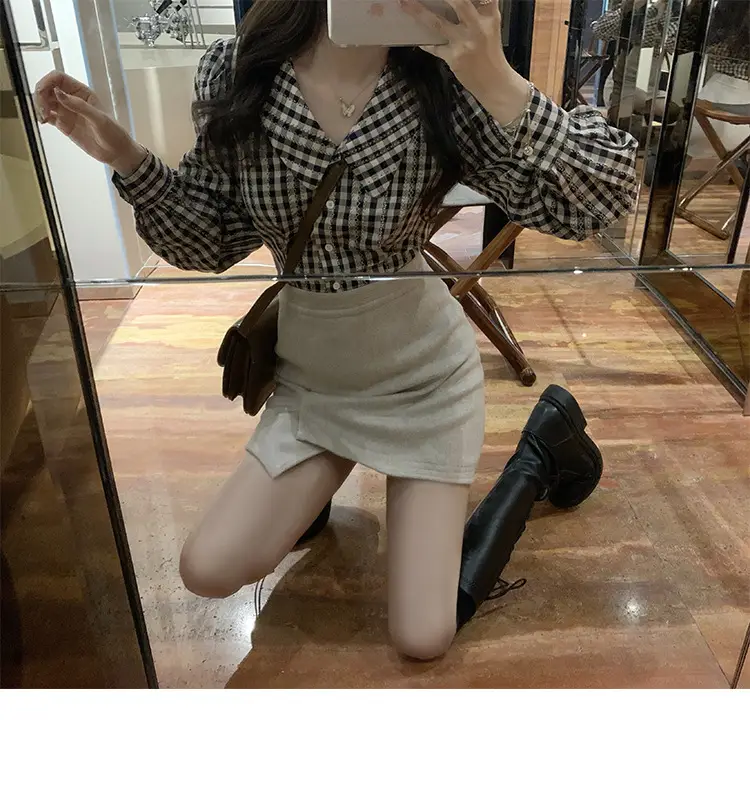 Women Plaid Shirt Lantern Sleeve Short Top Autumn Winter — feature 3