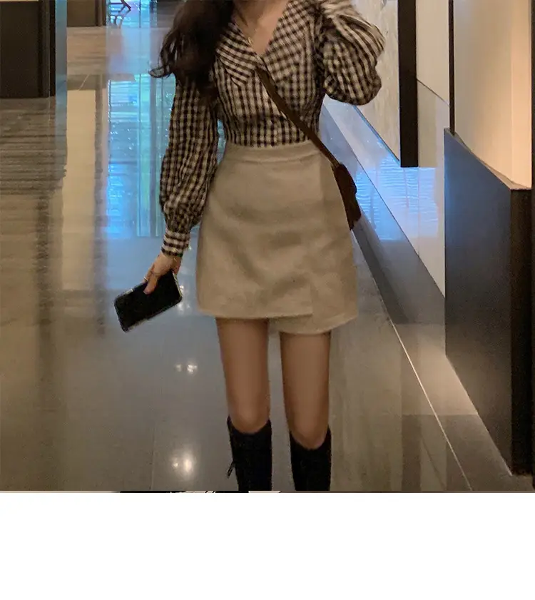 Women Plaid Shirt Lantern Sleeve Short Top Autumn Winter — feature 4