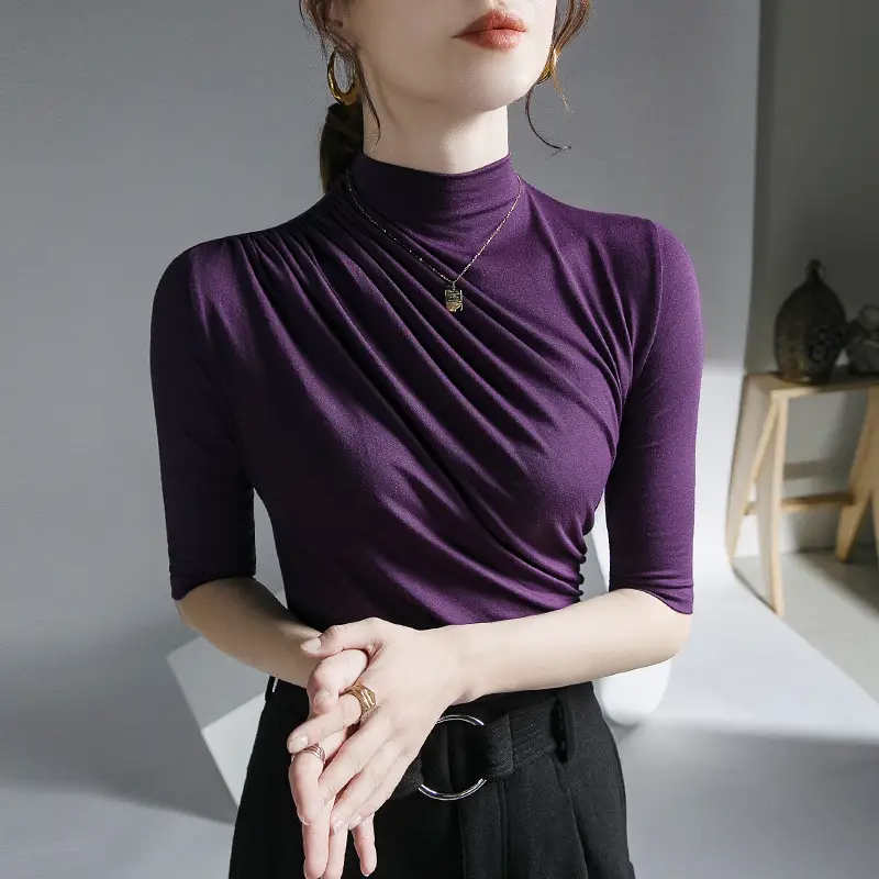 Women's Olive Green Turtleneck Mid Sleeve Top - Image 7