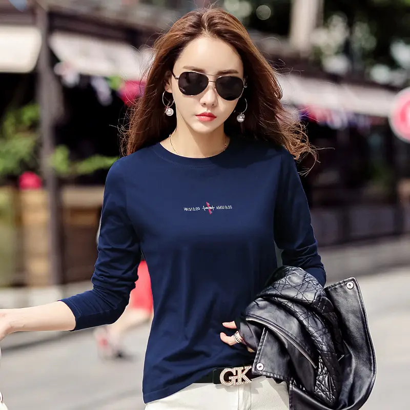 Women Embroidered Long Sleeve Cotton T-Shirt White