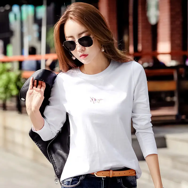Women Embroidered Long Sleeve Cotton T-Shirt White