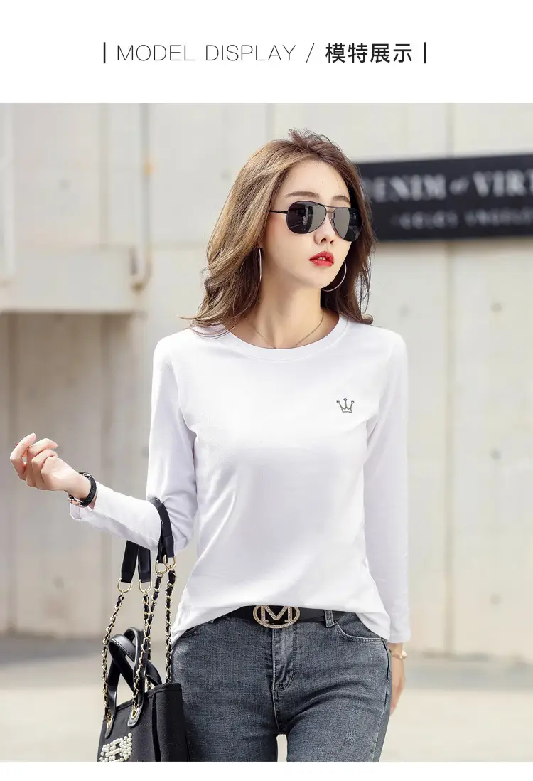 Women Embroidered Long Sleeve Cotton T-Shirt White — feature 17