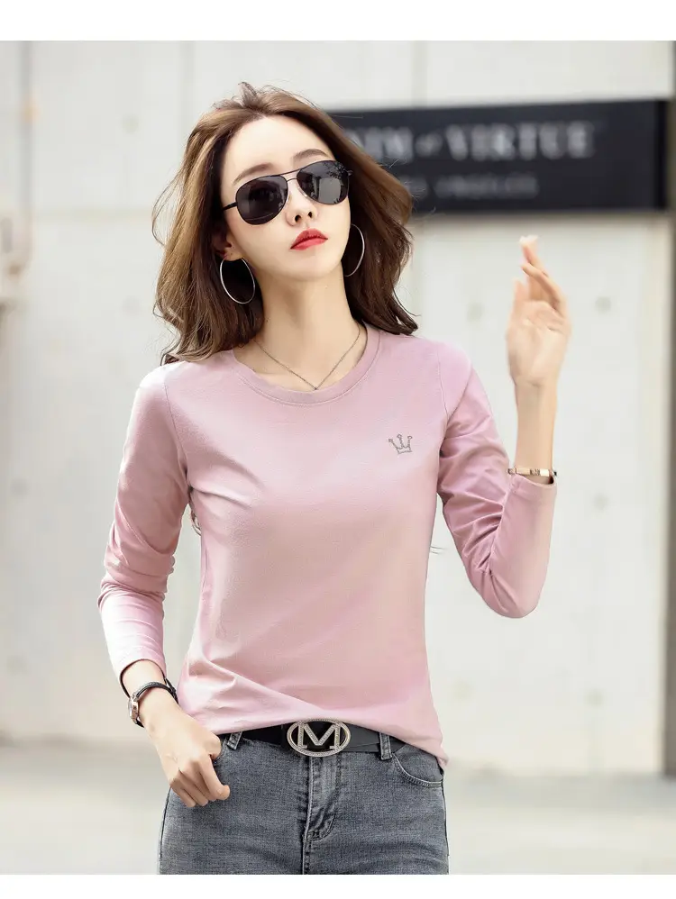 Women Embroidered Long Sleeve Cotton T-Shirt White — feature 22