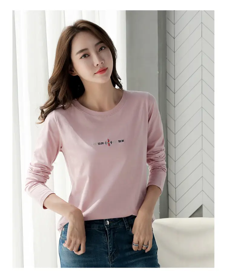 Women Embroidered Long Sleeve Cotton T-Shirt White — feature 28