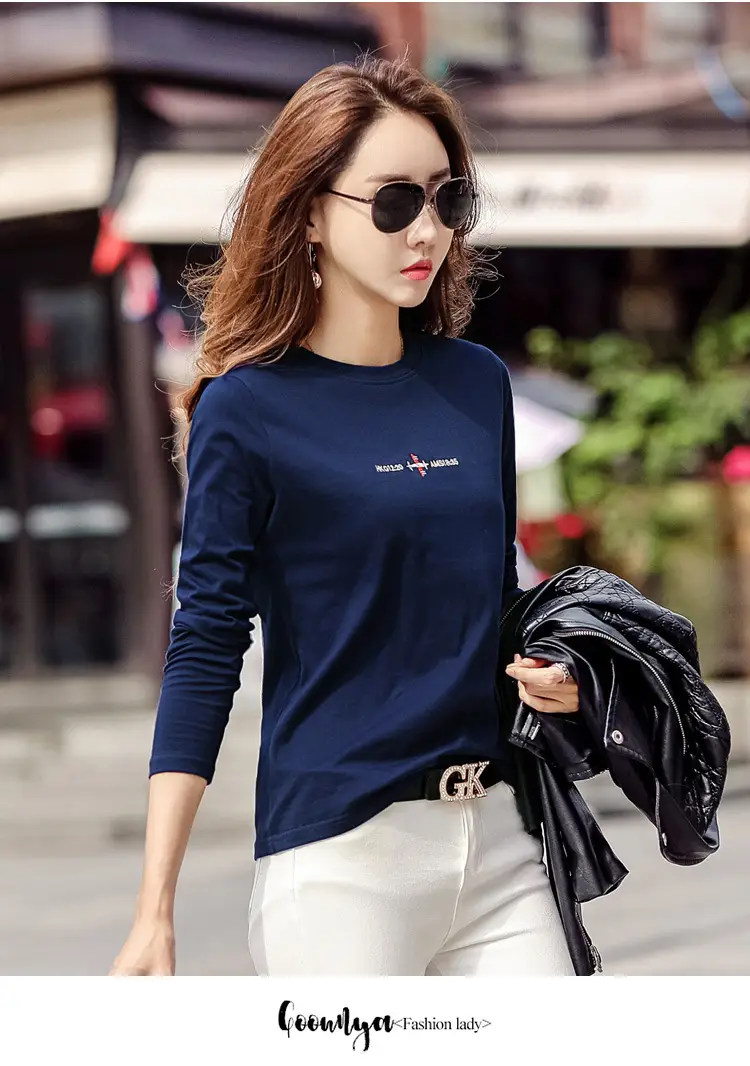 Women Embroidered Long Sleeve Cotton T-Shirt White — feature 29