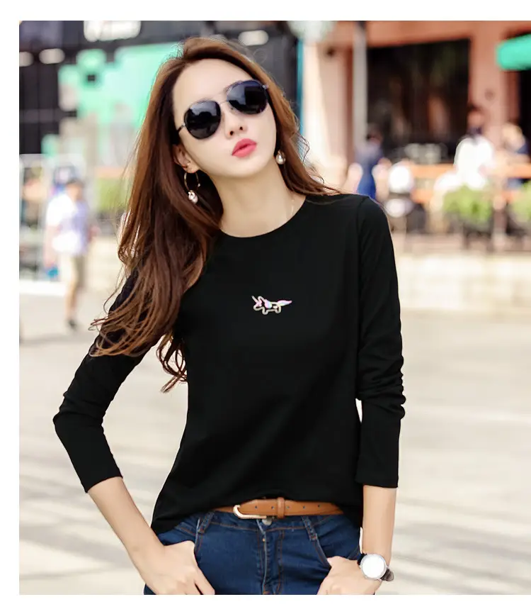 Women Embroidered Long Sleeve Cotton T-Shirt White — feature 34