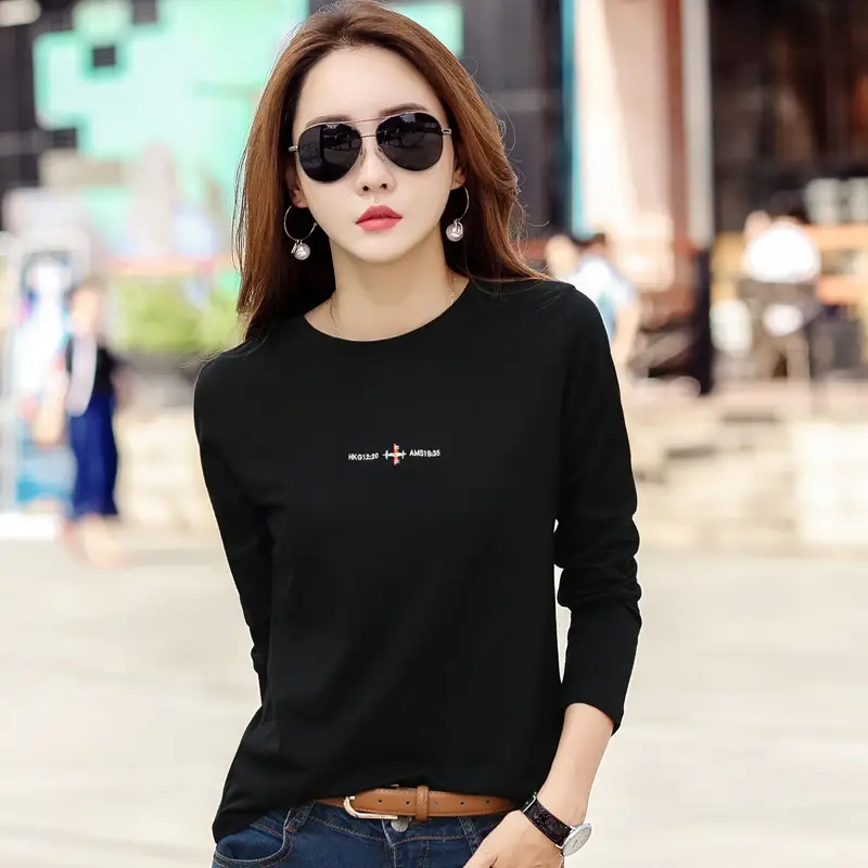 Women Embroidered Long Sleeve Cotton T-Shirt White