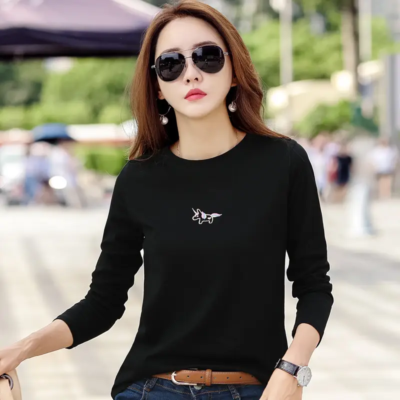 Women Embroidered Long Sleeve Cotton T-Shirt White