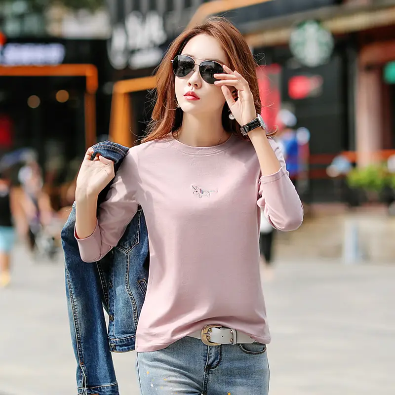 Women Embroidered Long Sleeve Cotton T-Shirt White