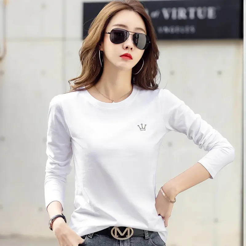 Women Embroidered Long Sleeve Cotton T-Shirt White