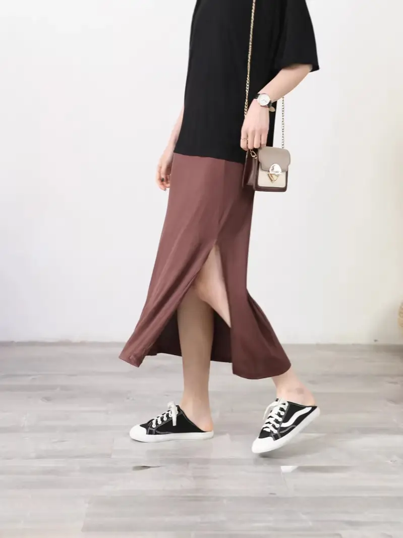 Women's Gray Modal Side Slit Skirt High Waist A-Line