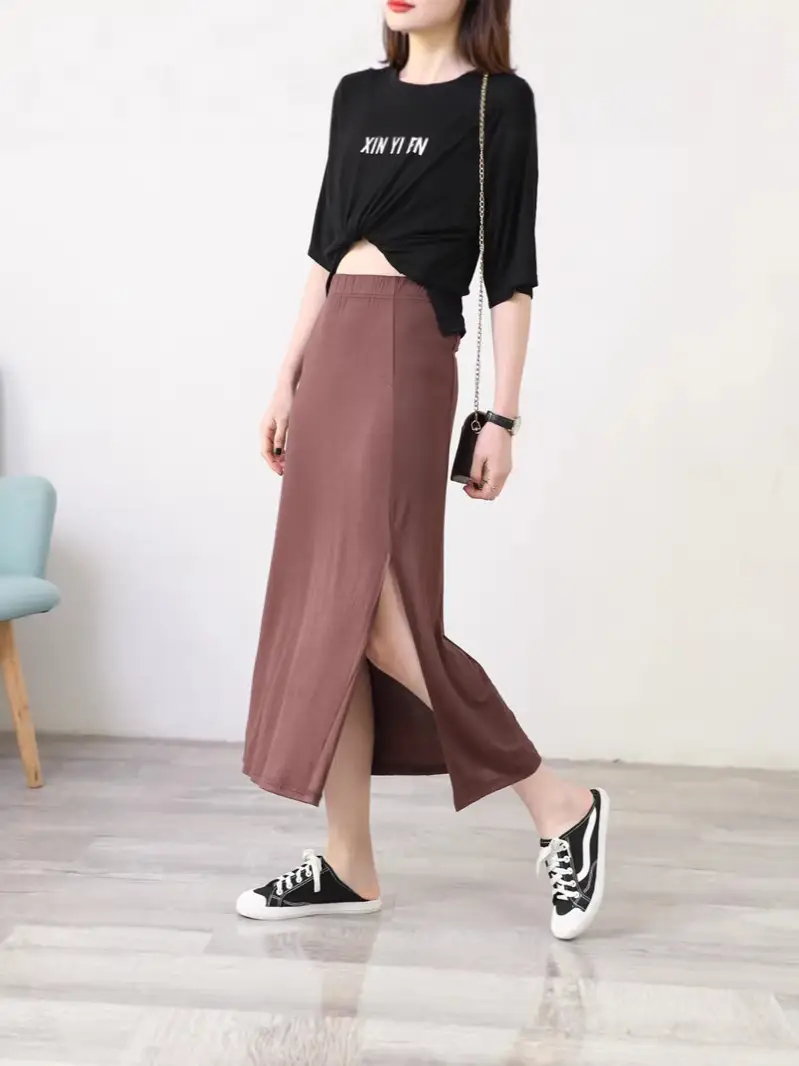 Women's Gray Modal Side Slit Skirt High Waist A-Line