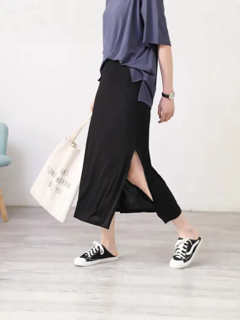 Women's Gray Modal Side Slit Skirt High Waist A-Line
