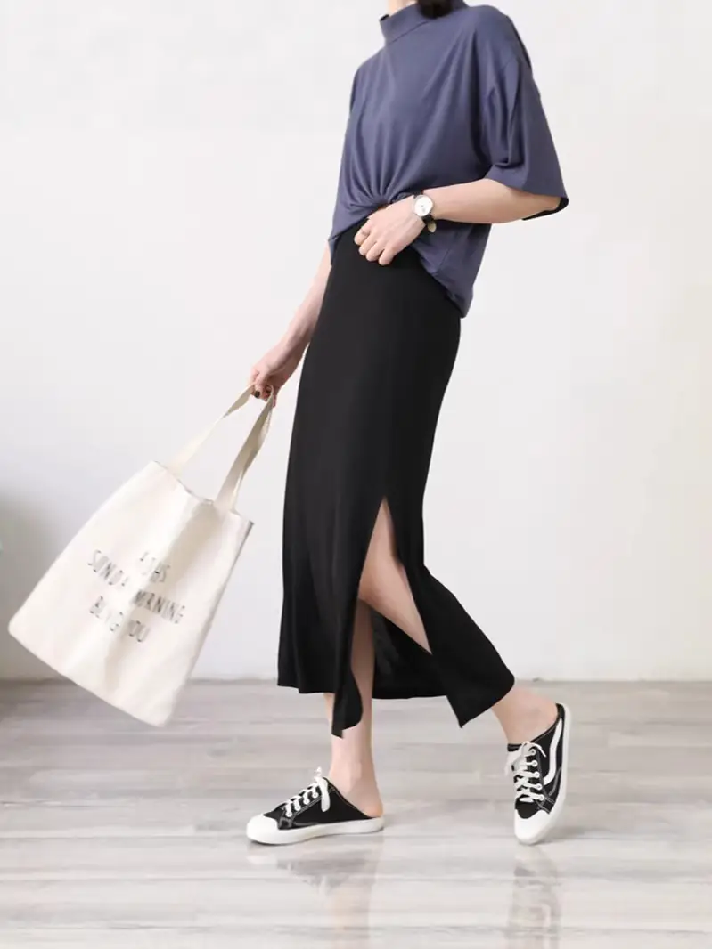 Women's Gray Modal Side Slit Skirt High Waist A-Line