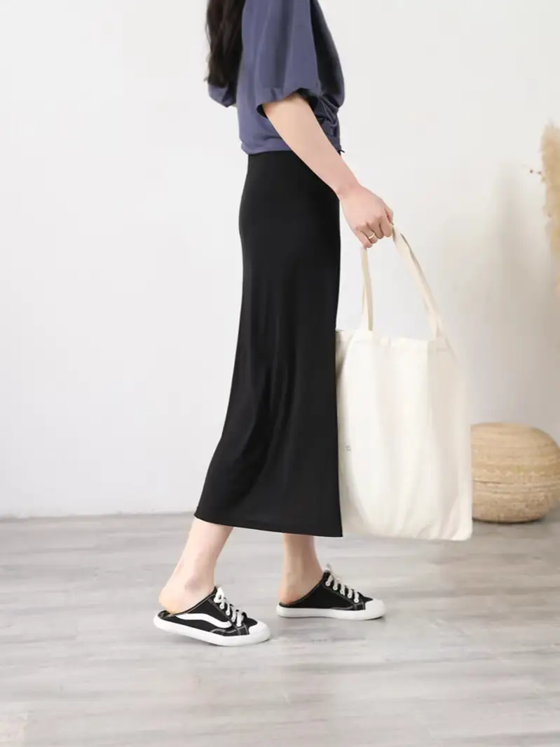 Women's Gray Modal Side Slit Skirt High Waist A-Line