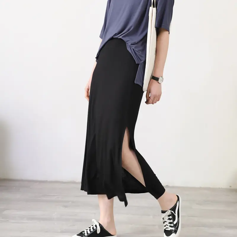 Women's Gray Modal Side Slit Skirt High Waist A-Line — feature 10