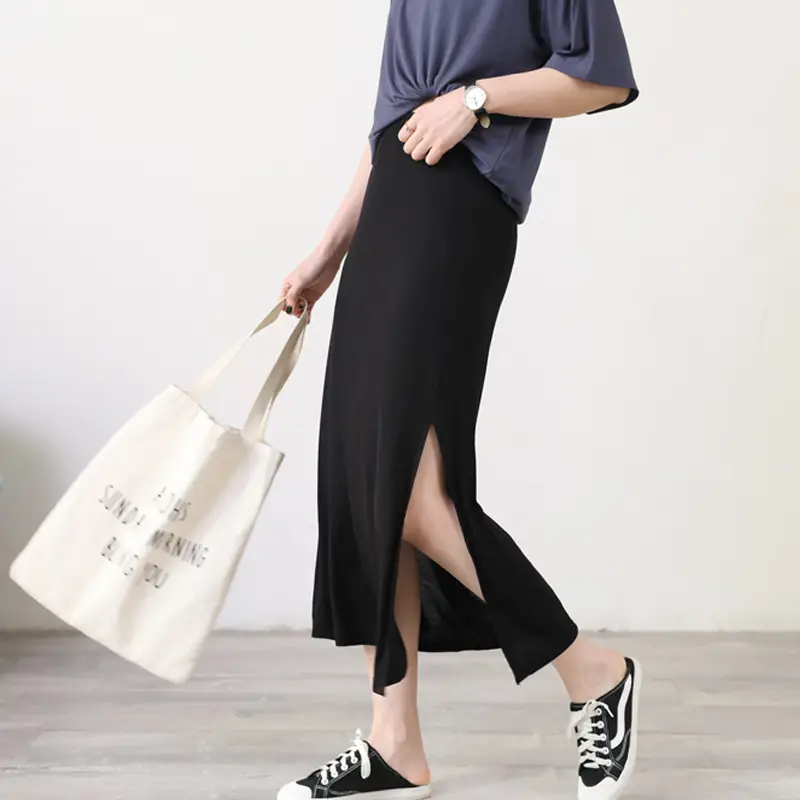 Women's Gray Modal Side Slit Skirt High Waist A-Line — feature 11