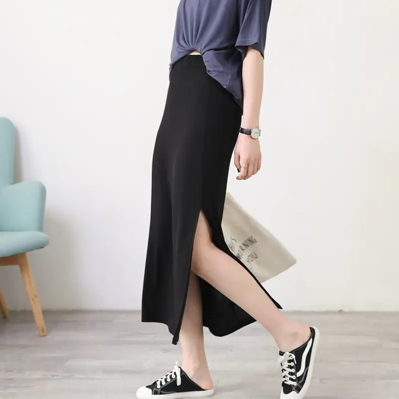 Women's Gray Modal Side Slit Skirt High Waist A-Line — feature 12