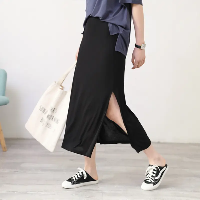 Women's Gray Modal Side Slit Skirt High Waist A-Line — feature 13
