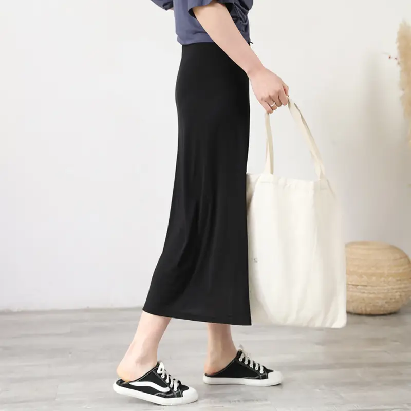 Women's Gray Modal Side Slit Skirt High Waist A-Line — feature 14
